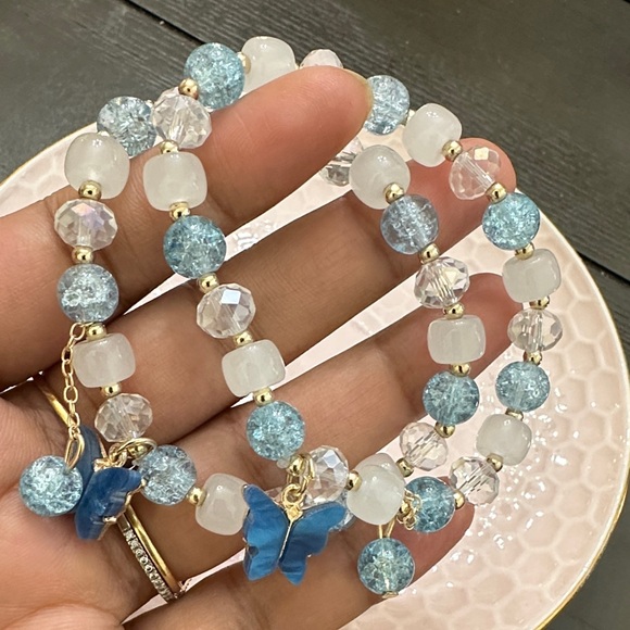 Jewelry - Blue and White Beaded Butterfly Bracelet
